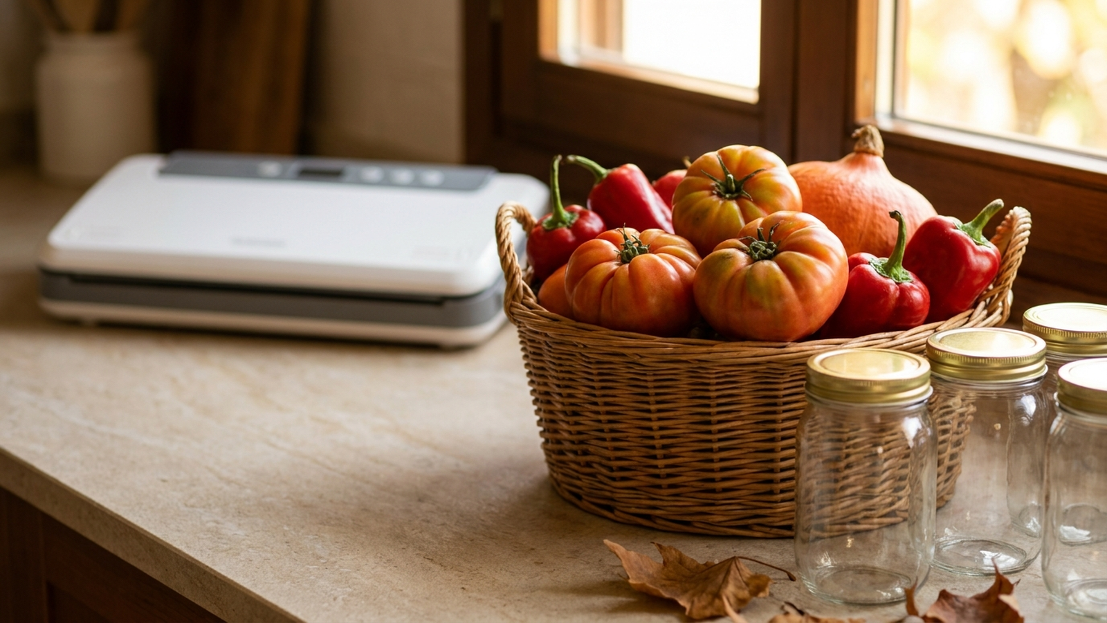 Cesta de otoño con tomates, pimientos y calabaza junto a tarros de cristal y una envasadora al vacío sobre una encimera de cocina