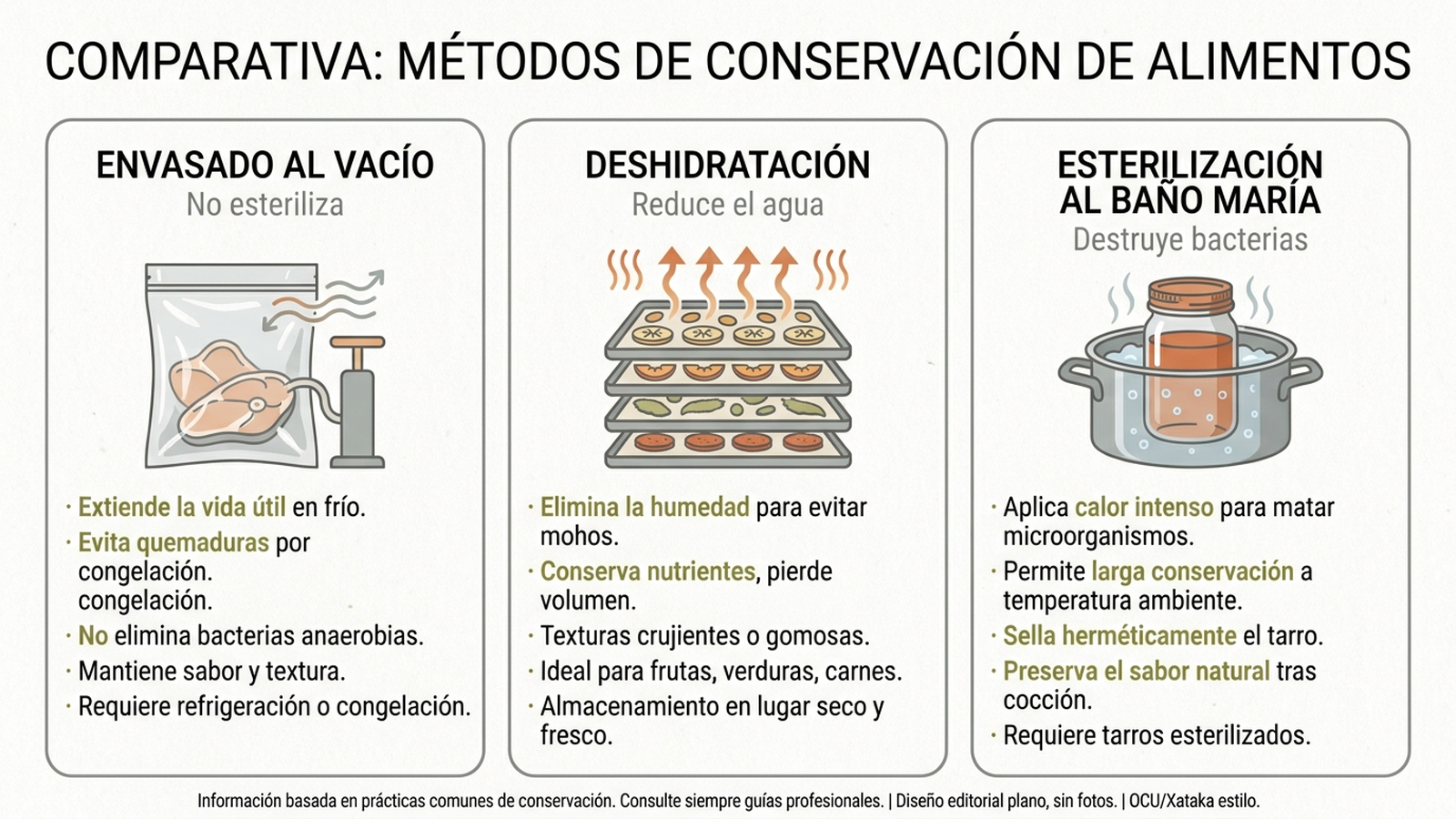 Comparación entre envasado al vacío, deshidratación y esterilización al baño maría según nivel de seguridad y uso
