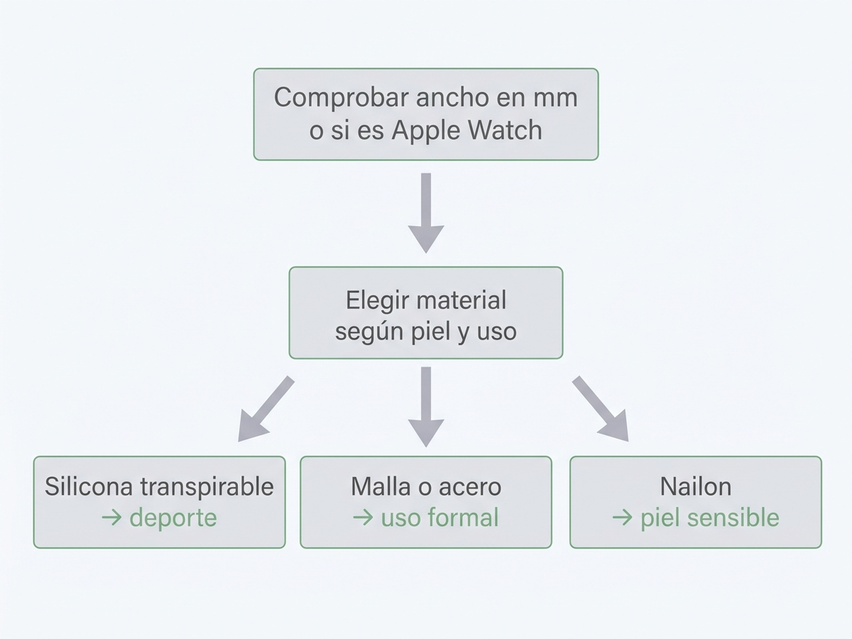 Diagrama de decisión para elegir correa de smartwatch: primero comprobar el ancho en mm o si es Apple Watch, después elegir material según tipo de piel y uso, silicona transpirable para deporte, malla o acero para uso formal, nailon para piel sensible