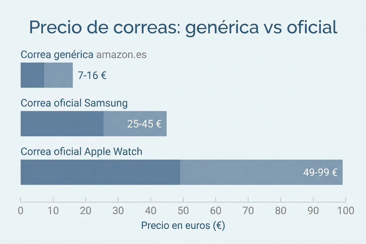 Gráfico de barras comparando el precio de una correa genérica de amazon.es (7-16 euros) frente a una correa oficial Samsung (25-45 euros) y una correa oficial Apple Watch (49-99 euros)