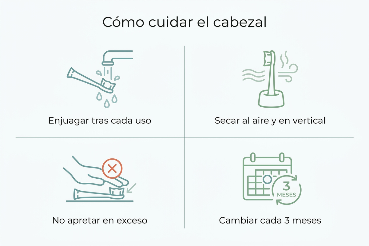 Guía visual de buenas prácticas para cuidar el cabezal: enjuagar tras el uso, secar al aire vertical, no compartir cabezal y no apretar en exceso