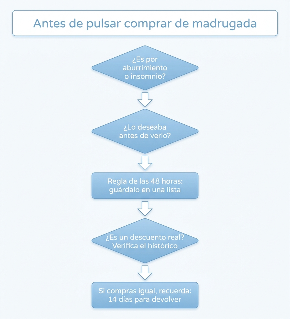 Diagrama de flujo en español para decidir antes de pulsar comprar de madrugada: preguntar si lo deseaba antes de verlo, esperar 48 horas y verificar el histórico de precios