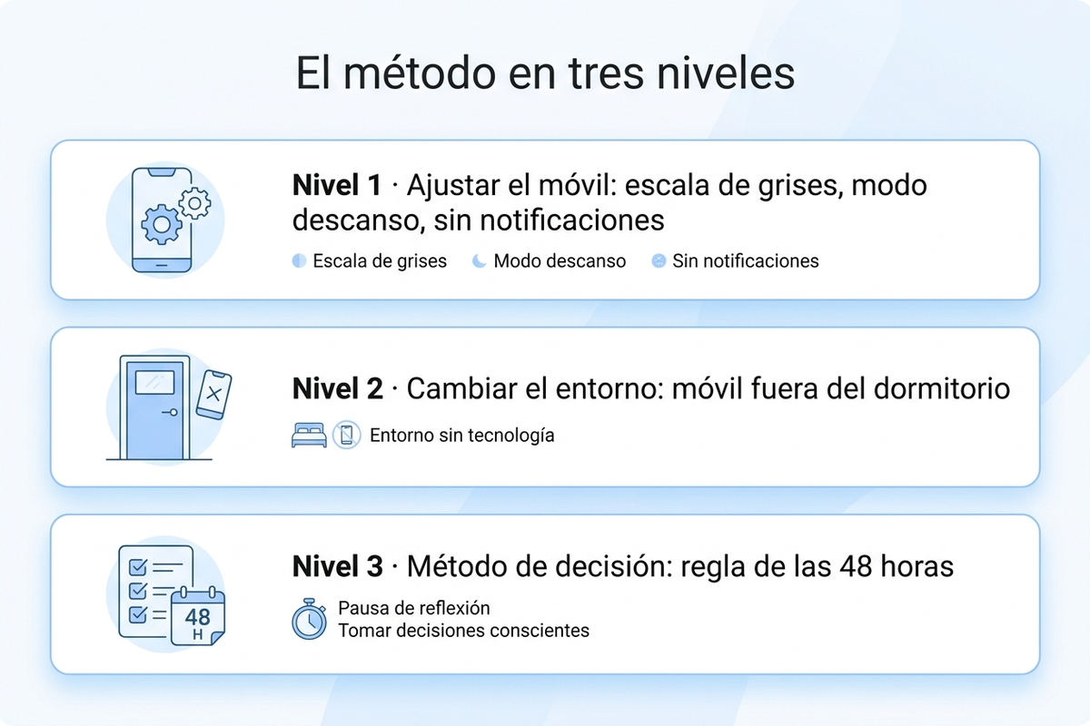 Infografía en español con los tres niveles de defensa frente a la compra impulsiva de madrugada: ajustar el móvil, cambiar el entorno y aplicar un método de decisión