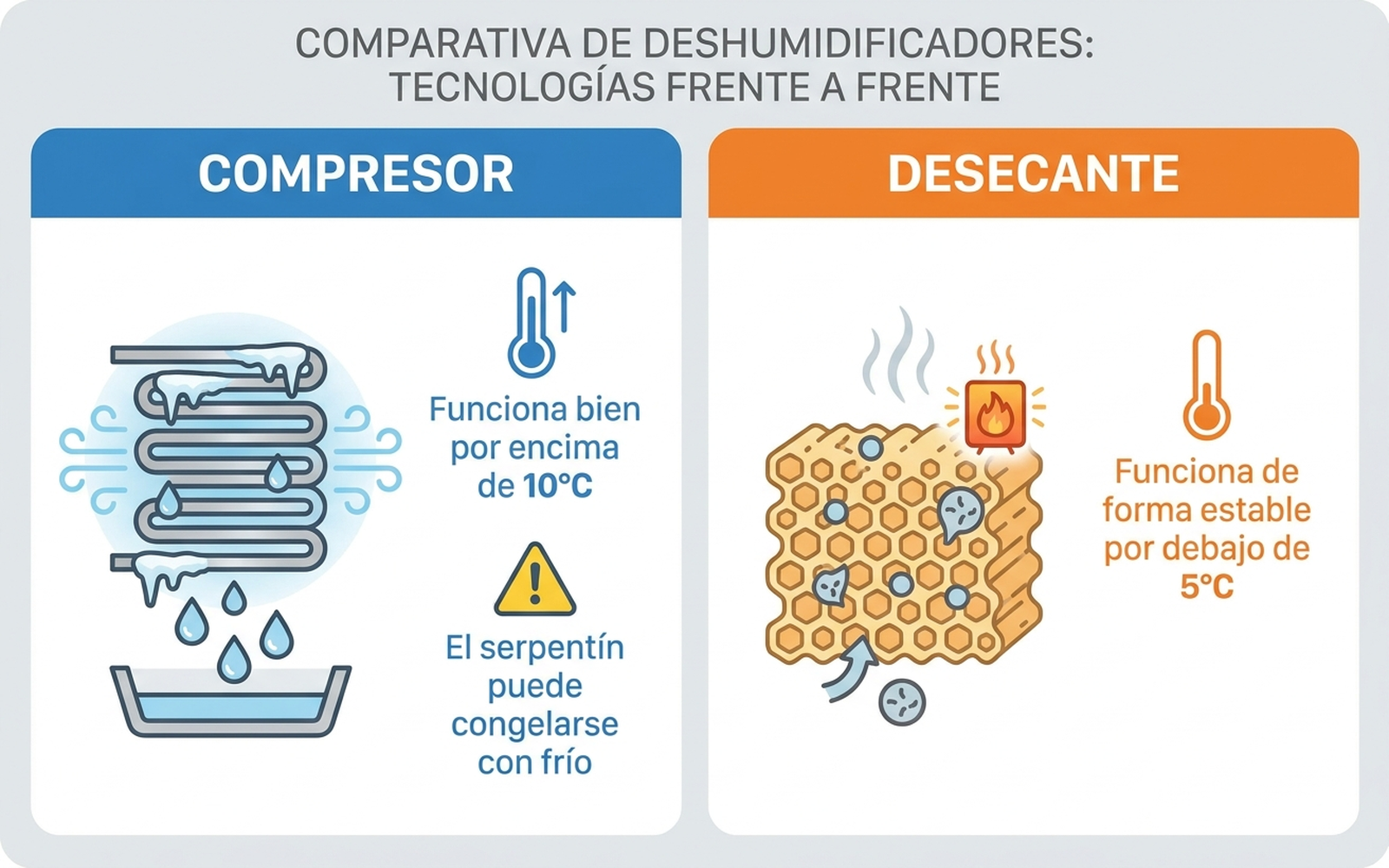 Infografía comparando dos tecnologías de deshumidificador: uno de compresor enfriando el aire para condensar el agua, funcionando bien por encima de 10 grados, y uno desecante con gel de sílice absorbiendo humedad, funcionando de forma estable por debajo de 5 grados, con termómetros indicando el rango de temperatura de cada uno