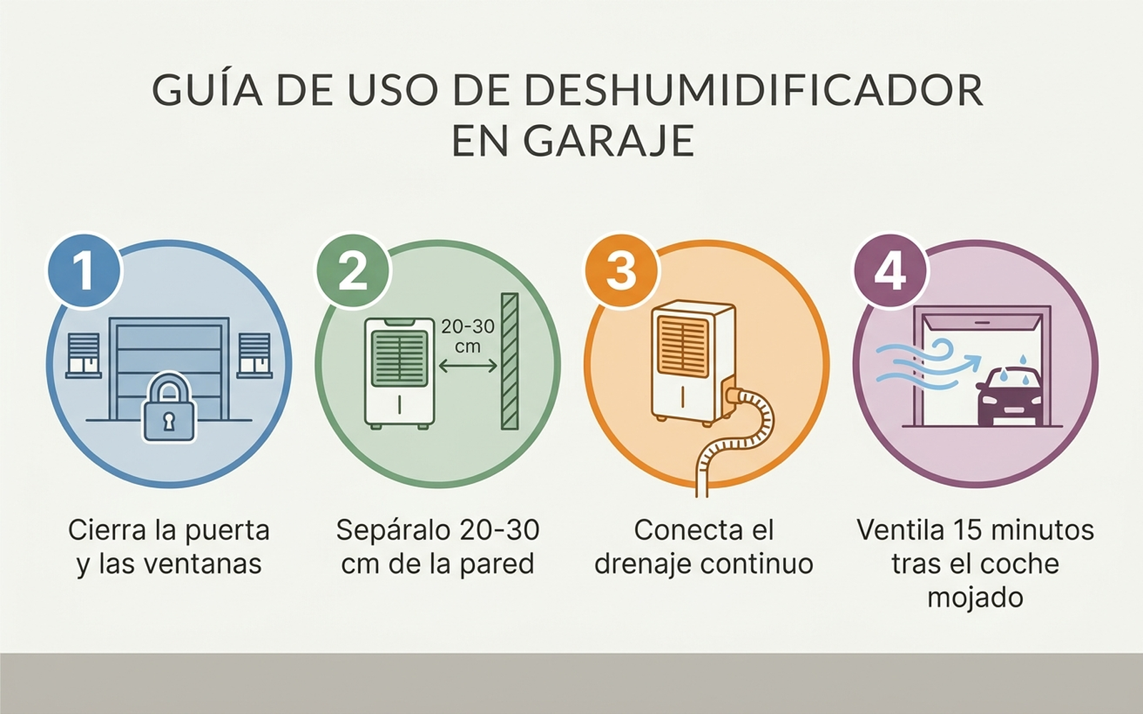 Guía ilustrada en cuatro pasos para usar un deshumidificador en el garaje: cerrar la puerta durante el funcionamiento, colocar el aparato alejado de la pared y del coche, vaciar o conectar el drenaje continuo, y ventilar 15 minutos tras apagarlo