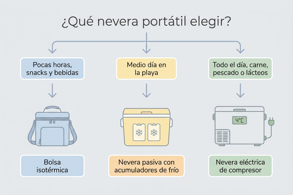 Árbol de decisión para elegir nevera portátil según duración y tipo de alimento