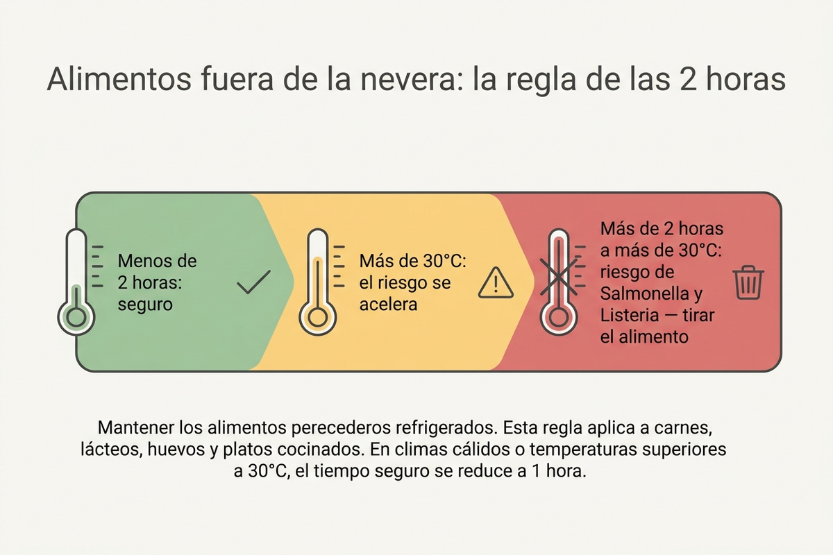 La regla de las 2 horas para alimentos fuera de la nevera, con margen reducido a 1 hora por encima de 30°C
