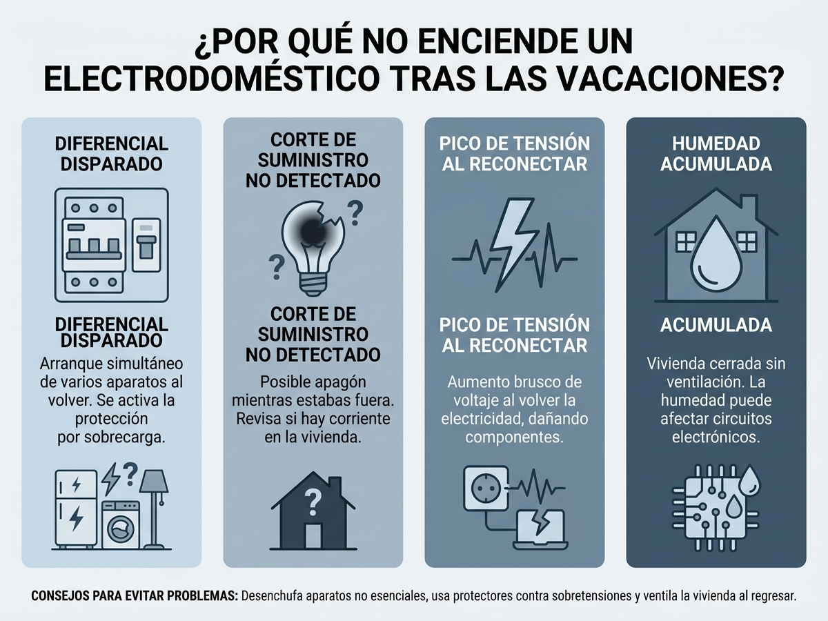 Infografía en español comparando cuatro causas de que un electrodoméstico no encienda tras vacaciones: diferencial disparado por arranque simultáneo, corte de suministro no detectado, pico de tensión al restablecerse la luz, y humedad acumulada en vivienda cerrada