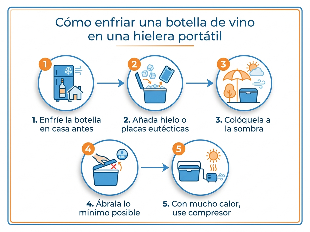Diagrama de pasos para enfriar una botella de vino en la nevera portátil: precongelar la botella o usar hielo, colocarla en contacto directo con el elemento frío, y comprobar la temperatura antes de servir