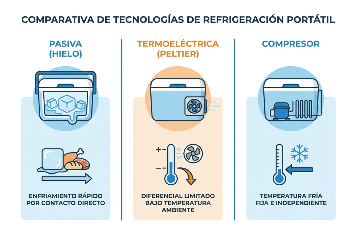 Infografía comparativa de tres tecnologías de nevera portátil: pasiva con hielo, termoeléctrica Peltier y compresor, mostrando su capacidad de enfriamiento en grados bajo temperatura ambiente