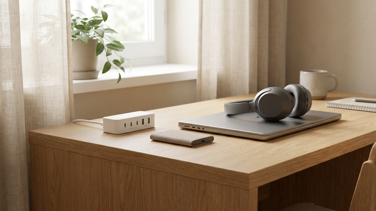 Escritorio de habitación de residencia universitaria con portátil, auriculares y cargador