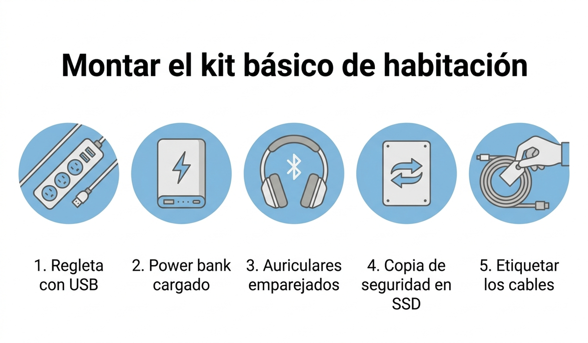 Guía ilustrada de cinco pasos para montar el kit básico de habitación universitaria