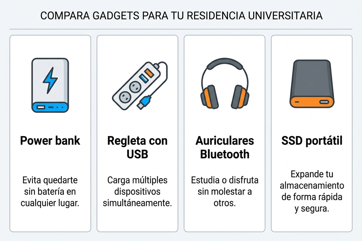 Infografía comparando cuatro categorías de gadgets para residencia universitaria