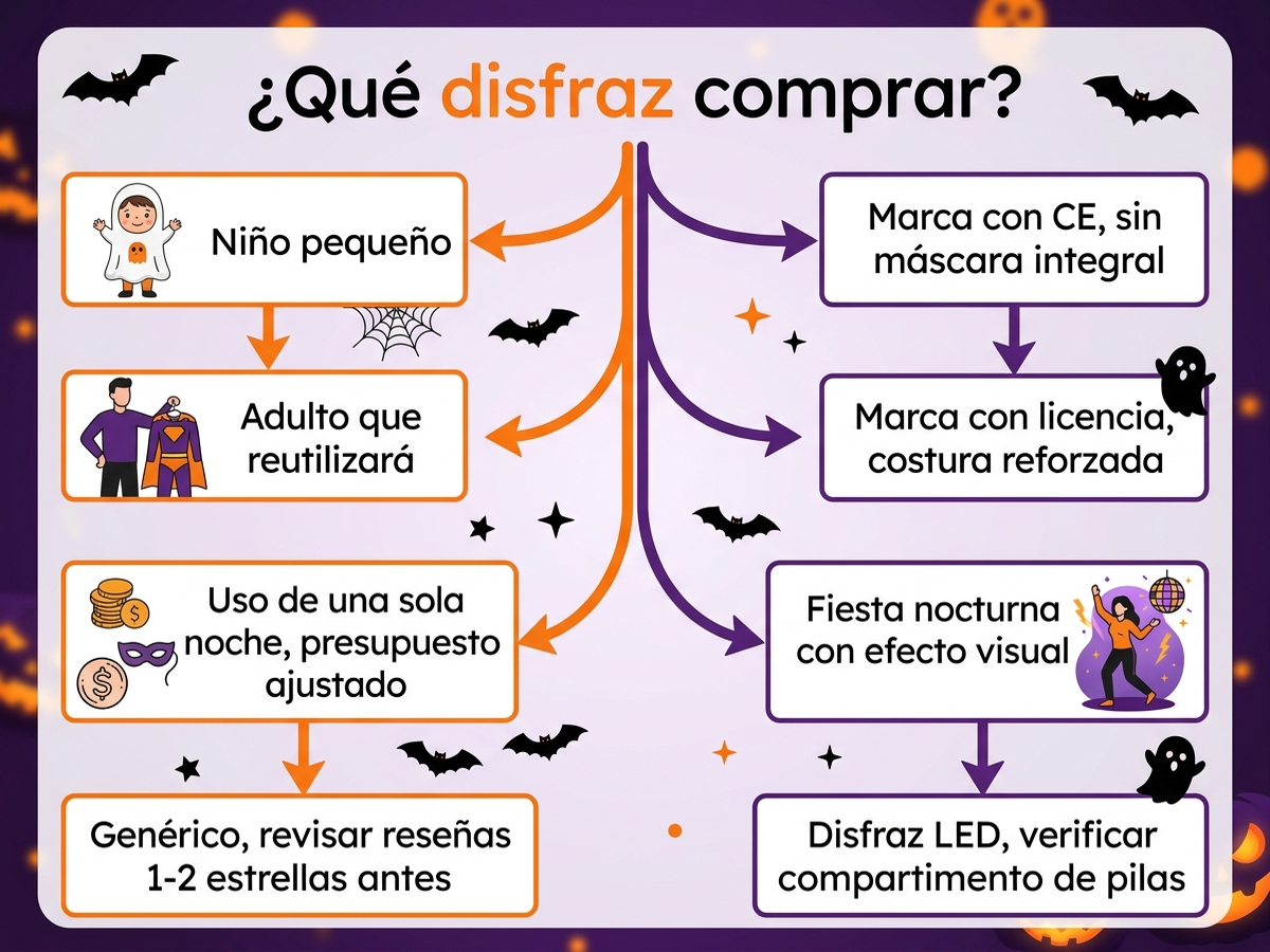 Árbol de decisión para comprar disfraz de Halloween: para niño pequeño lleva a marca con marcado CE y sin máscara integral, para adulto que lo reutilizará lleva a marca con licencia y costura reforzada, para uso de una sola noche con presupuesto ajustado lleva a genérico revisando antes las reseñas de 1 y 2 estrellas, y para fiesta nocturna con efecto visual lleva a disfraz con LED verificando el compartimento de pilas