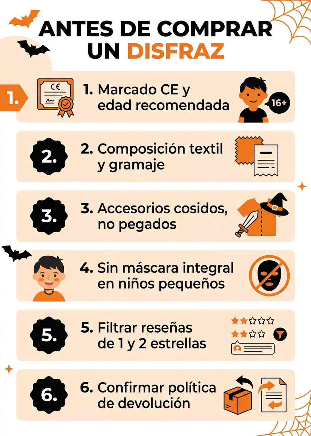 Diagrama de checklist con 6 pasos antes de comprar un disfraz de Halloween: revisar marcado CE y edad recomendada, leer composición textil y gramaje si está disponible, comprobar que los accesorios estén cosidos y no solo pegados según las fotos de reseñas, evitar máscaras y capuchas integrales en niños pequeños, filtrar reseñas por 1 y 2 estrellas buscando quejas de costura o talla, y confirmar la política de devolución antes de la fecha de la fiesta