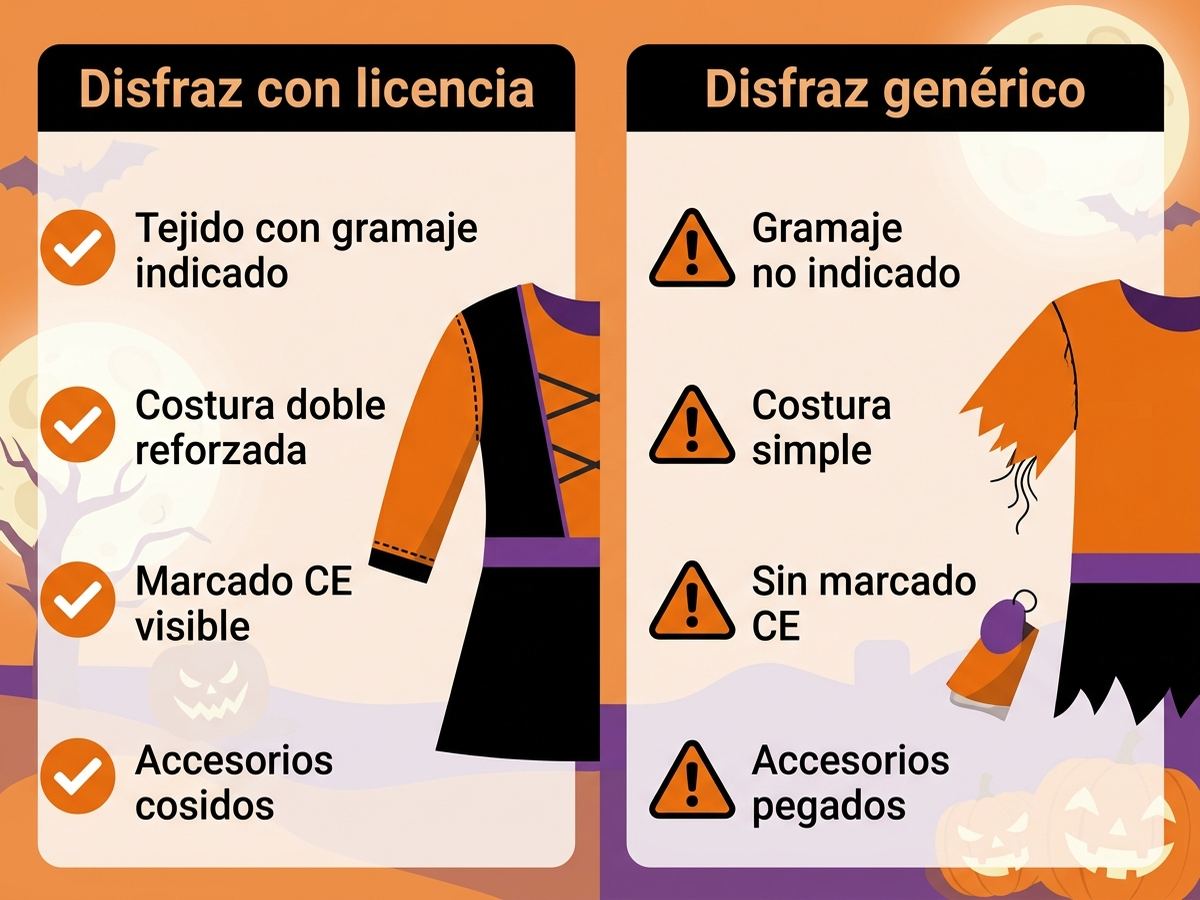 Infografía comparando dos construcciones de disfraz: disfraz de marca con licencia (tejido con gramaje indicado, costura doble reforzada, marcado CE visible, accesorios cosidos) frente a disfraz genérico sin marca (gramaje no indicado, costura simple, sin marcado CE, accesorios pegados)