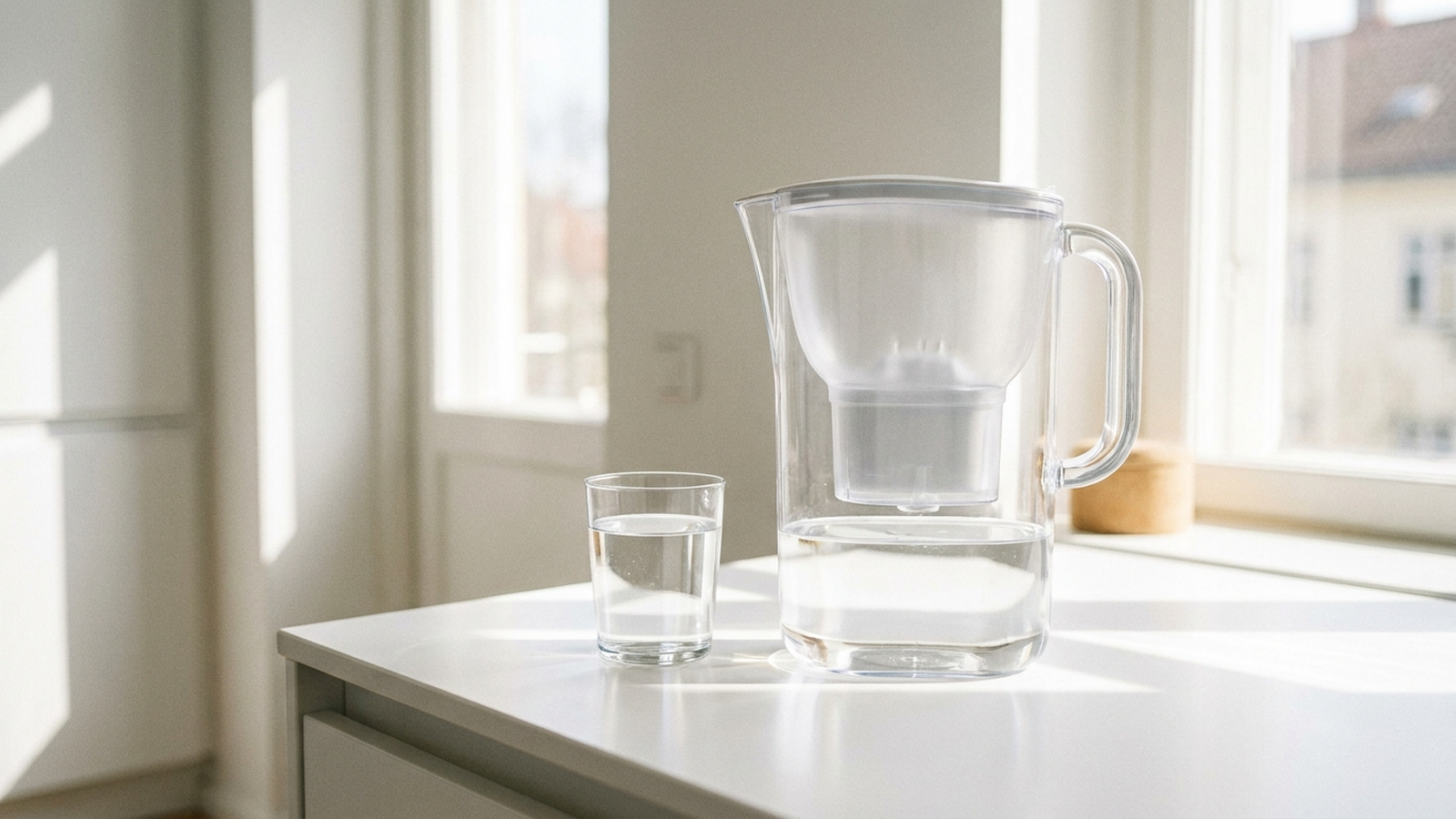 Jarra filtrante de agua transparente sobre una encimera de cocina moderna y luminosa, con un vaso de agua junto a ella, luz natural de mañana