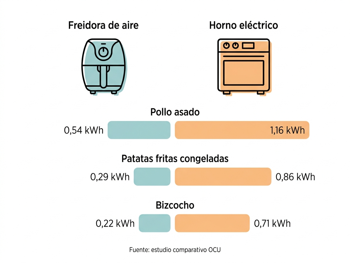 Infografía en español comparando el consumo eléctrico en kWh de la freidora de aire y el horno eléctrico para pollo asado, patatas fritas congeladas y bizcocho, según el estudio de la OCU