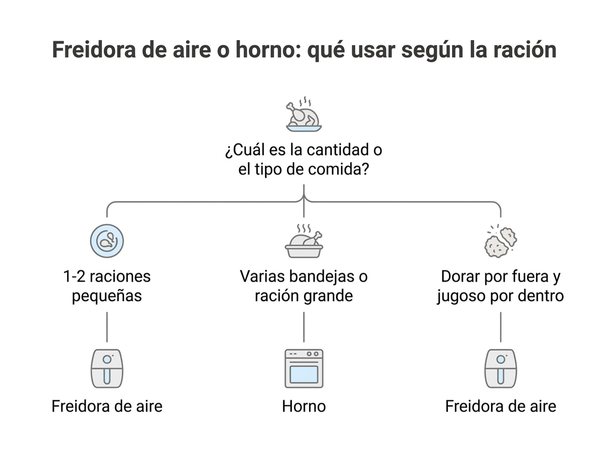 Árbol de decisión en español para elegir entre freidora de aire y horno según el tipo de comida: raciones pequeñas, varias bandejas o necesidad de dorar por fuera y quedar jugoso por dentro