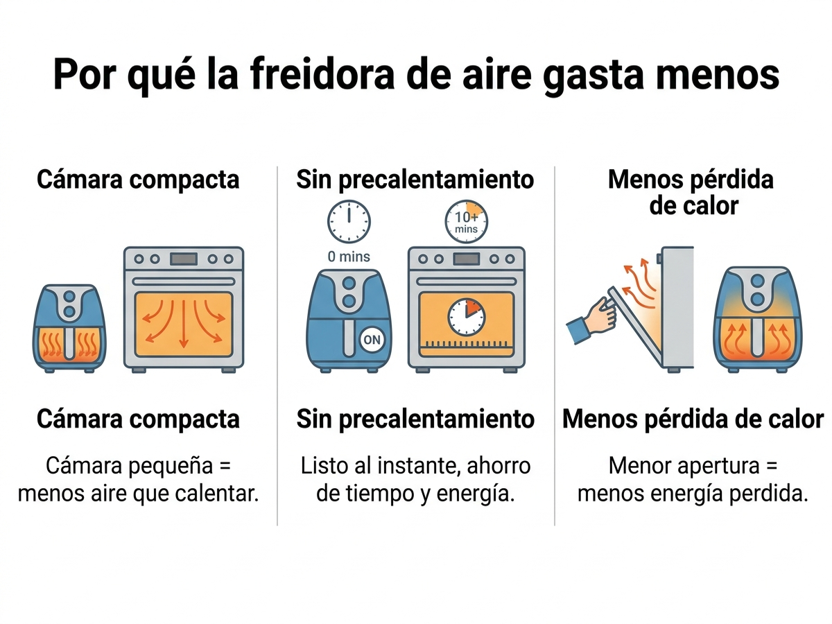 Infografía en español que explica por qué la freidora de aire gasta menos: cámara de cocción compacta, sin precalentamiento y menor pérdida de calor al abrirse frente al horno