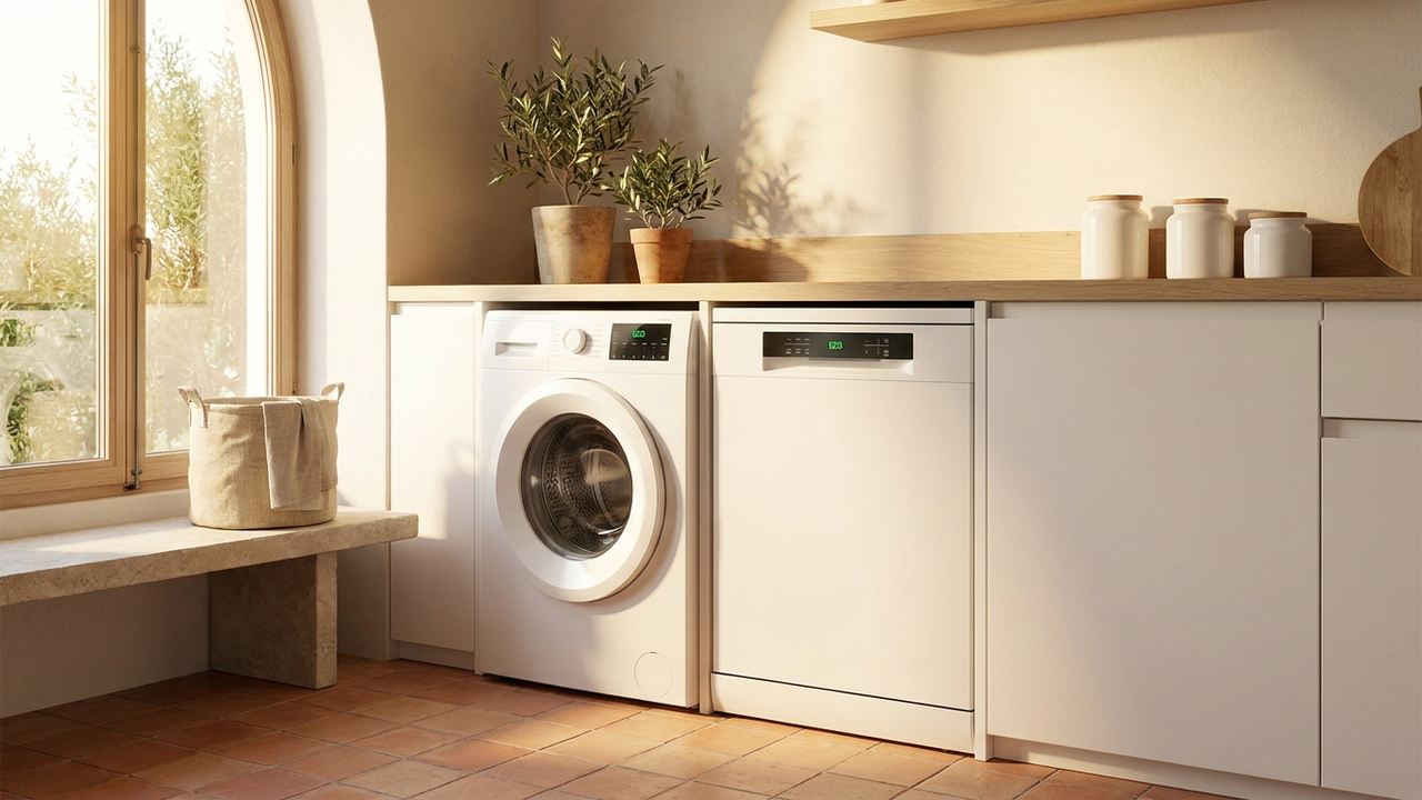 Lavadora blanca moderna y lavavajillas empotrado en una cocina-lavadero luminosa con luz natural cálida