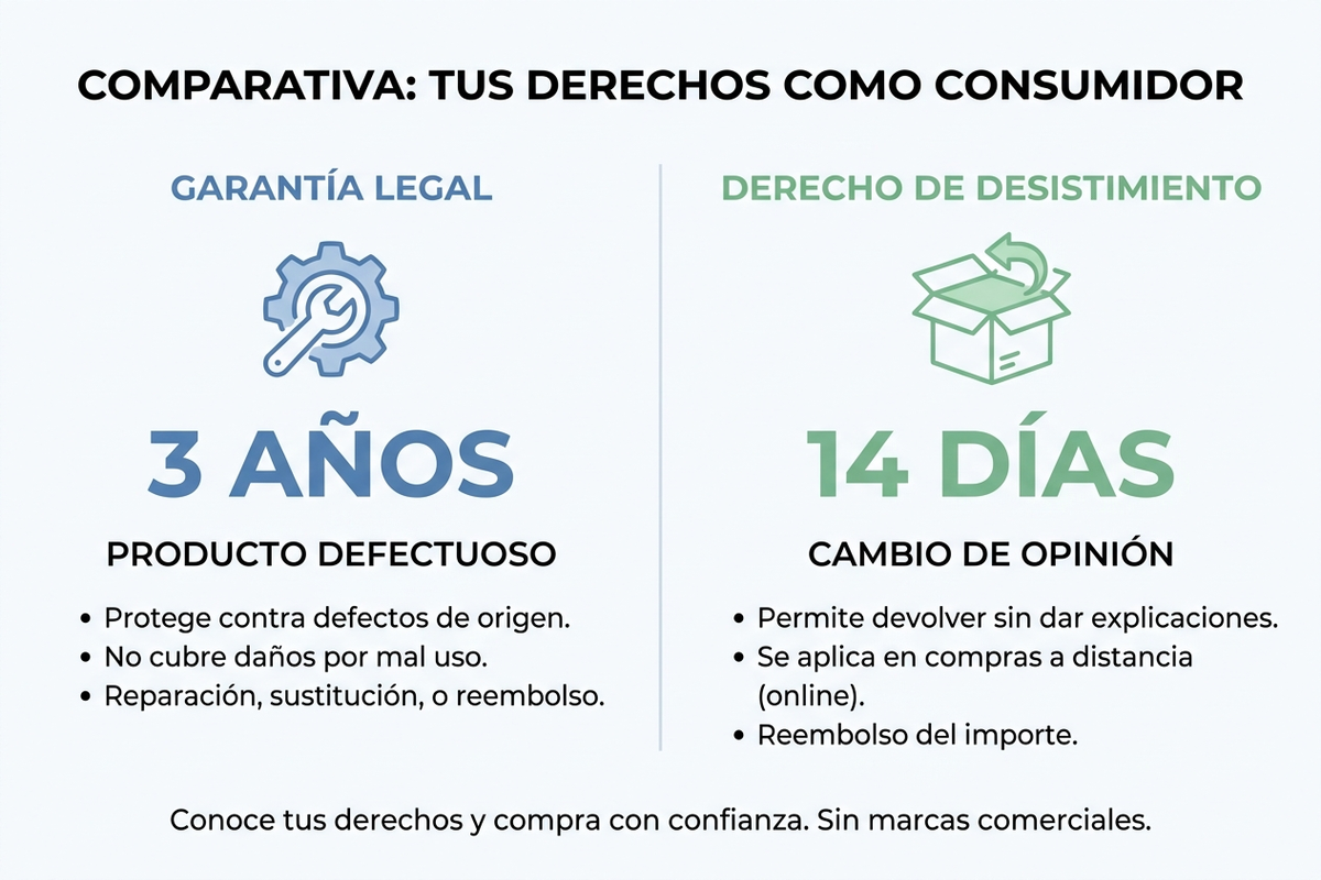 Infografía comparativa en español entre garantía legal de 3 años y derecho de desistimiento de 14 días, con sus diferencias en motivo, plazo y quién responde