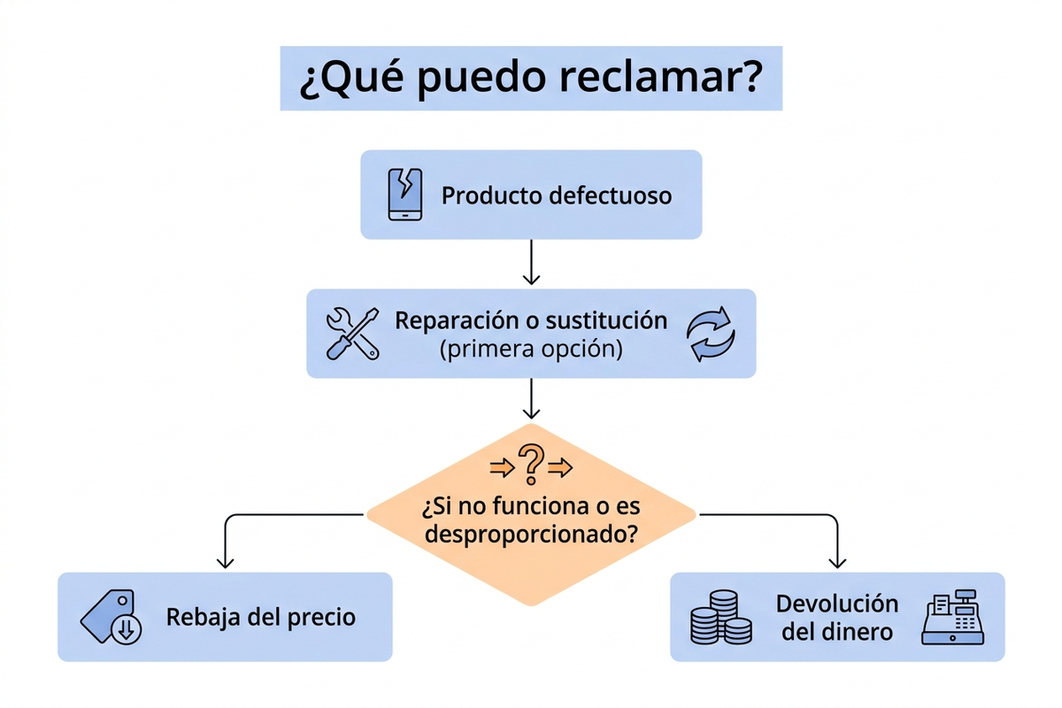 Árbol de decisión en español sobre qué reclamar ante un producto defectuoso: reparación o sustitución primero, y rebaja de precio o devolución del dinero si esa solución falla o es desproporcionada