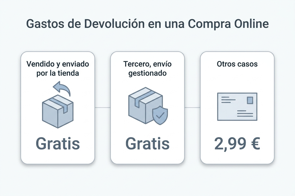 Infografía en español con tres escenarios de gastos de devolución en amazon.es según quién vende y envía el producto: gratuito si lo vende y envía Amazon, gratuito si un tercero usa el envío de Amazon, y unos 2,99 euros en otros casos con etiqueta de franqueo pagado