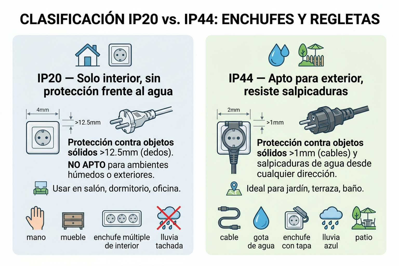 Infografía comparativa entre la clasificación IP20 para interior y la clasificación IP44 para exterior en enchufes y regletas