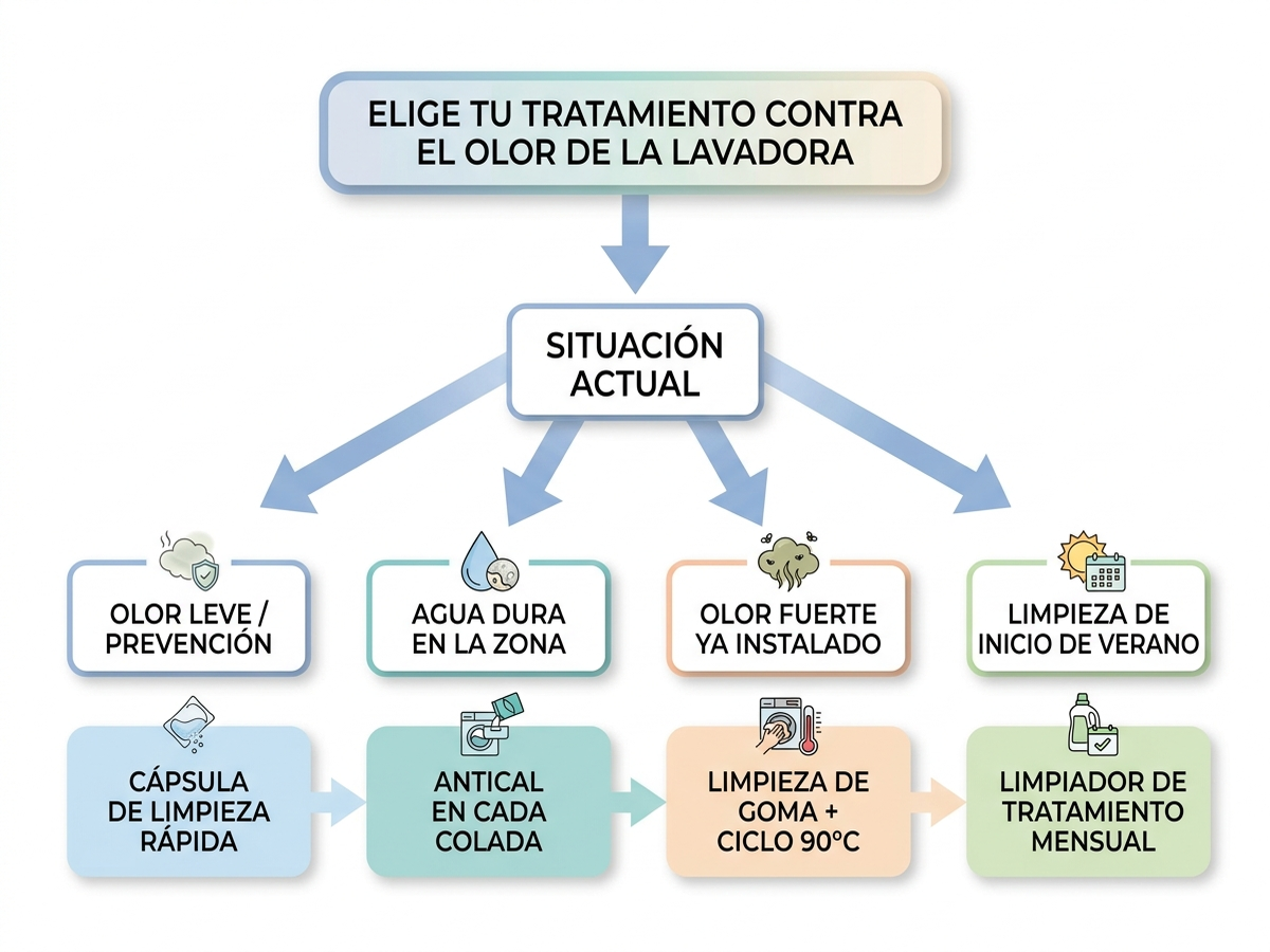 Árbol de decisión en español para elegir el tratamiento según la situación: olor leve y prevención, agua dura de la zona, olor fuerte ya instalado o limpieza profunda puntual de inicio de verano