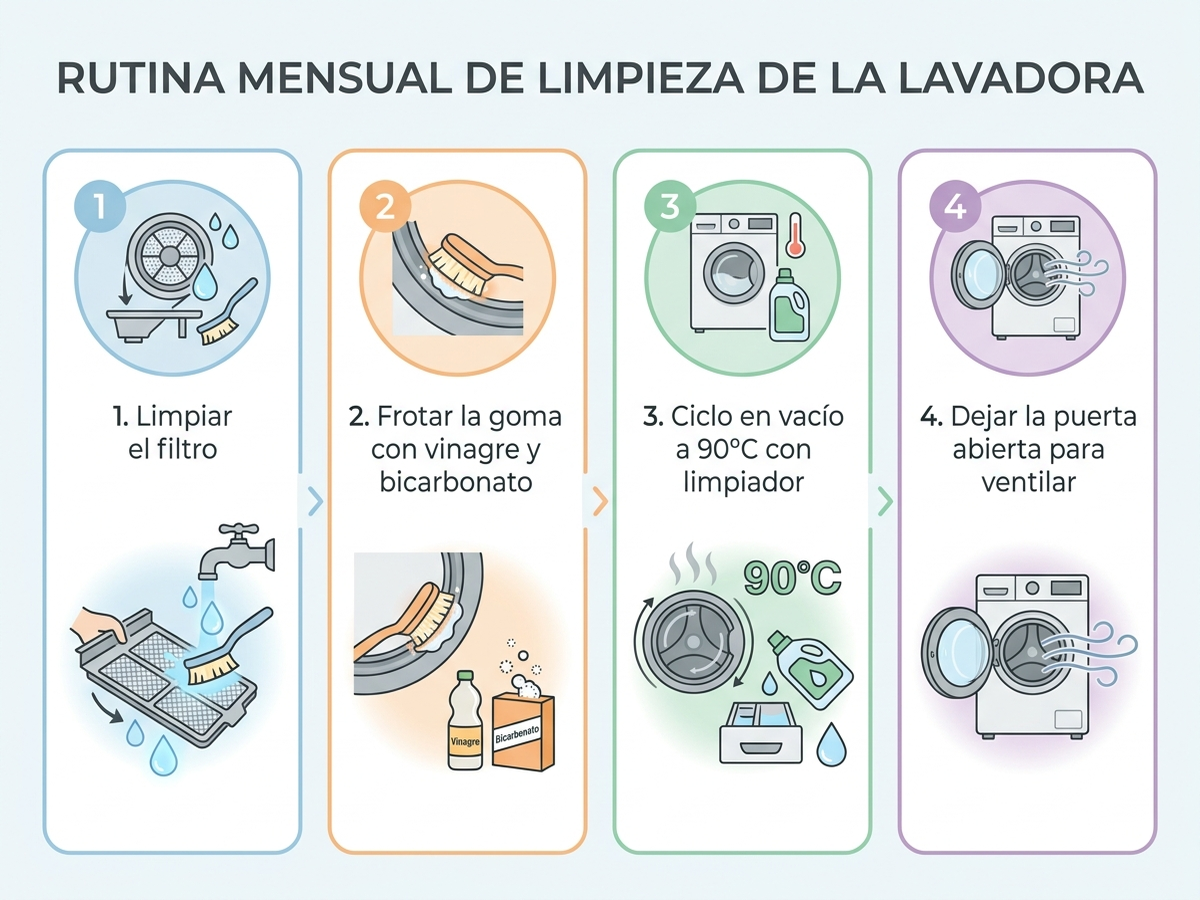 Diagrama en español con el paso a paso de limpieza mensual de la lavadora: vaciar y limpiar el filtro, frotar la goma de la puerta con vinagre y bicarbonato, ejecutar un ciclo en vacío a 90 ºC con limpiador de tambor, y dejar la puerta abierta para ventilar