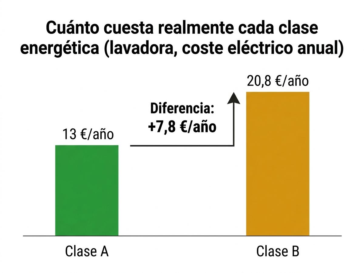 Gráfico de barras que compara el coste eléctrico anual de una lavadora de clase A (13 €/año) frente a una de clase B (20,8 €/año), con la diferencia de 7,8 €/año destacada