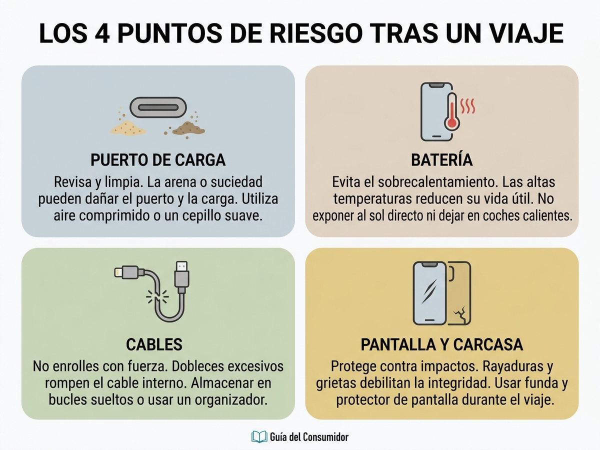 Infografía de los cuatro puntos de riesgo en la electrónica tras vacaciones: puerto de carga, batería, cables y pantalla