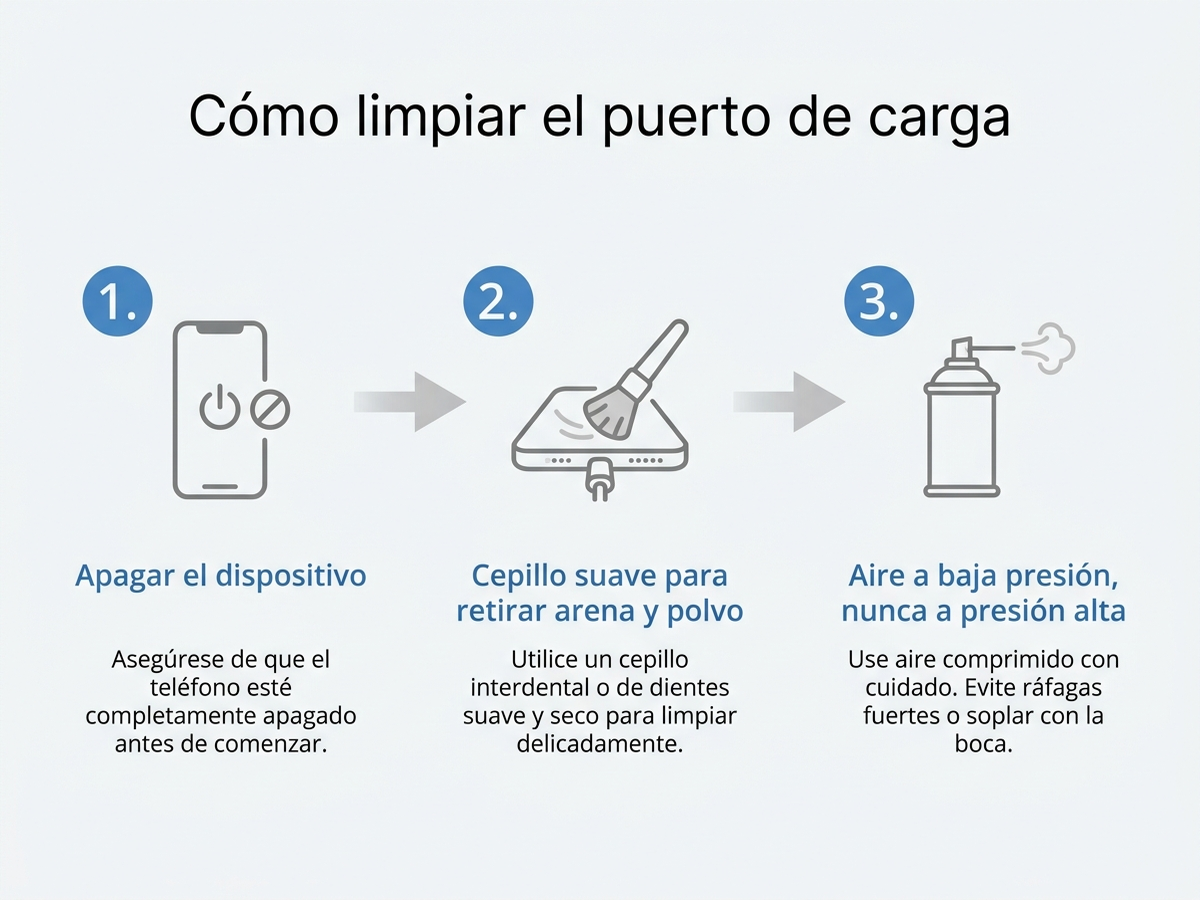 Guía paso a paso para limpiar el puerto de carga: apagar el dispositivo, cepillo suave, aire a baja presión