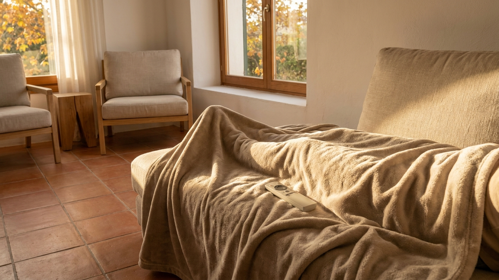 Sofá de una vivienda española en una tarde de otoño con una manta sobre las piernas y luz cálida, sin texto ni marca visible