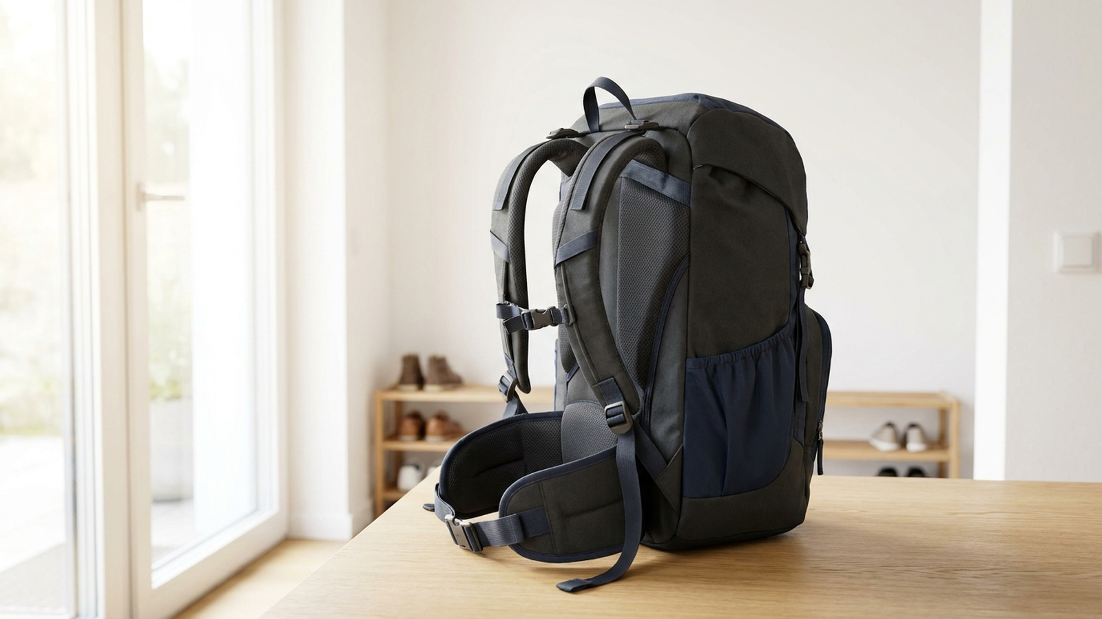 Mochila escolar ergonómica de color oscuro con correas acolchadas y cinturón de cadera, apoyada sobre una mesa de madera clara junto a una entrada luminosa de estilo europeo