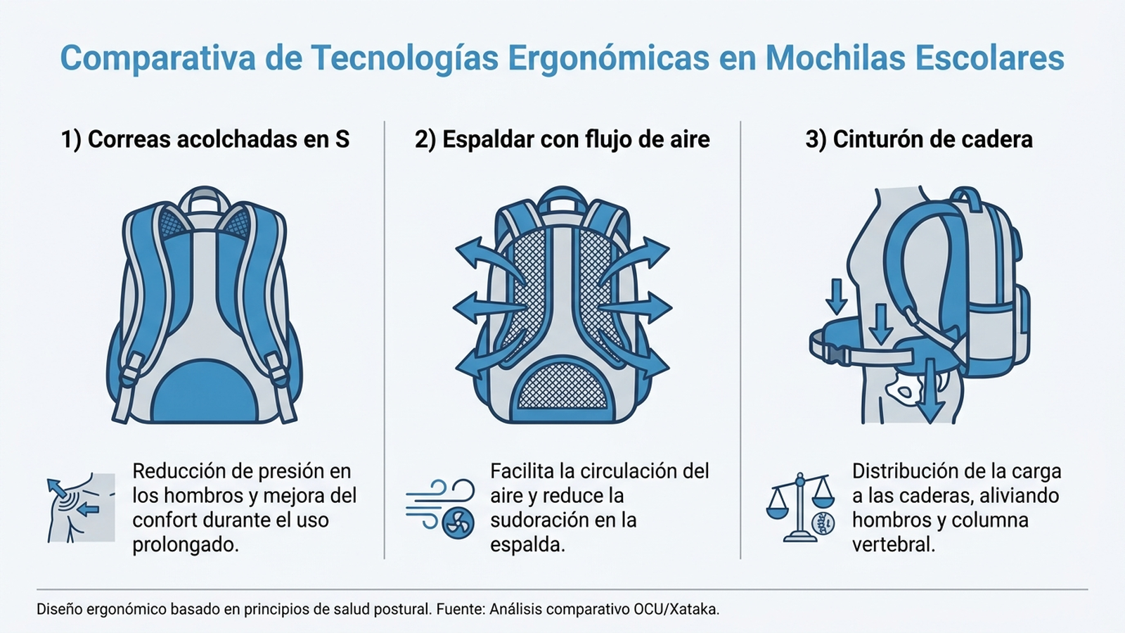 Infografía comparando tres tecnologías ergonómicas de mochilas escolares: correas acolchadas en S que reducen la presión en los hombros, espaldar con flujo de aire que reduce la sudoración, y cinturón de cadera que distribuye la carga