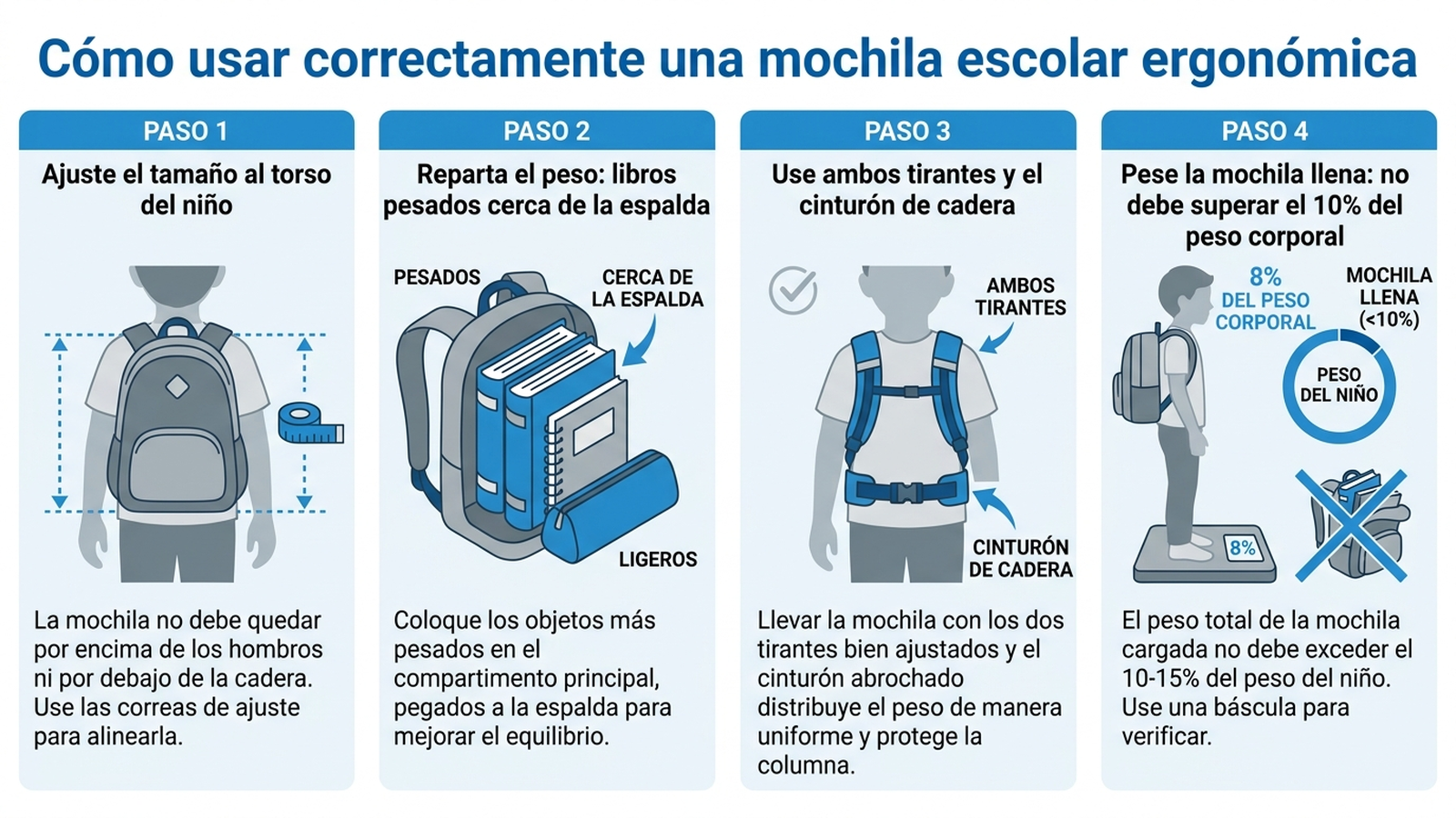 Guía en cuatro pasos para usar correctamente una mochila escolar ergonómica: ajustar el tamaño al torso del niño, repartir el peso con los libros pesados cerca de la espalda, usar ambos tirantes y el cinturón de cadera, y pesar la mochila llena para no superar el 10% del peso corporal