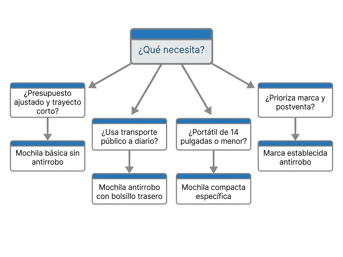 Diagrama de decisión para elegir mochila de portátil: si el presupuesto es ajustado y el trayecto es corto, mochila básica sin antirrobo; si se usa transporte público a diario, mochila antirrobo con bolsillo trasero; si se prioriza la marca y la red de postventa, Samsonite; si se busca el tamaño más compacto, mochila de 14 pulgadas