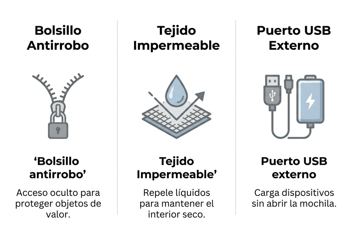 Infografía comparando tres tecnologías de mochilas para portátil: cremallera oculta con bolsillo antirrobo pegado a la espalda, tejido impermeable con costuras selladas, y puerto de carga USB externo conectado a un power bank interno
