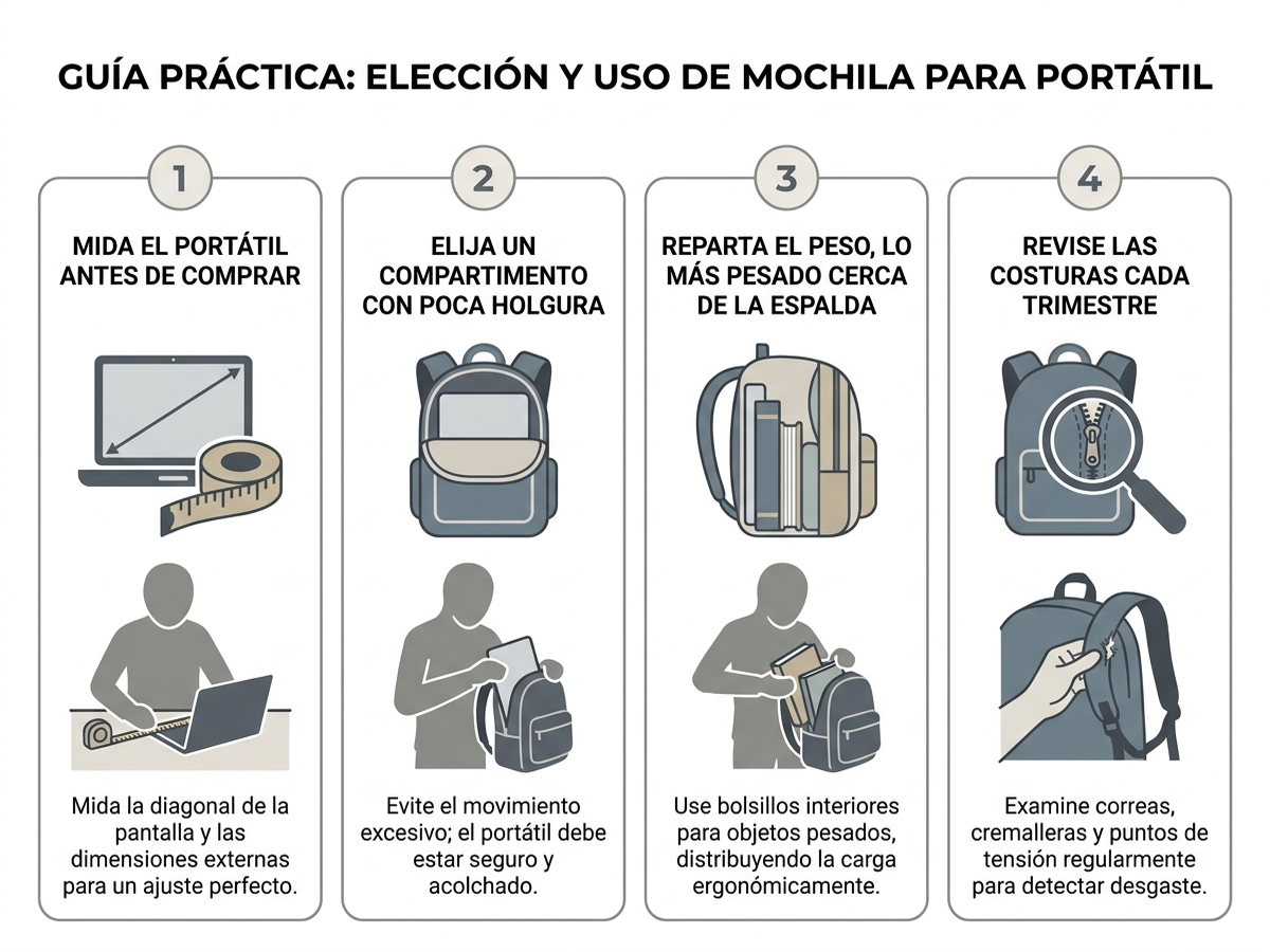 Guía en cuatro pasos para elegir y usar una mochila de portátil: medir el portátil antes de comprar, elegir el compartimento con poca holgura, distribuir el peso con los objetos pesados cerca de la espalda, y revisar las costuras del compartimento cada trimestre