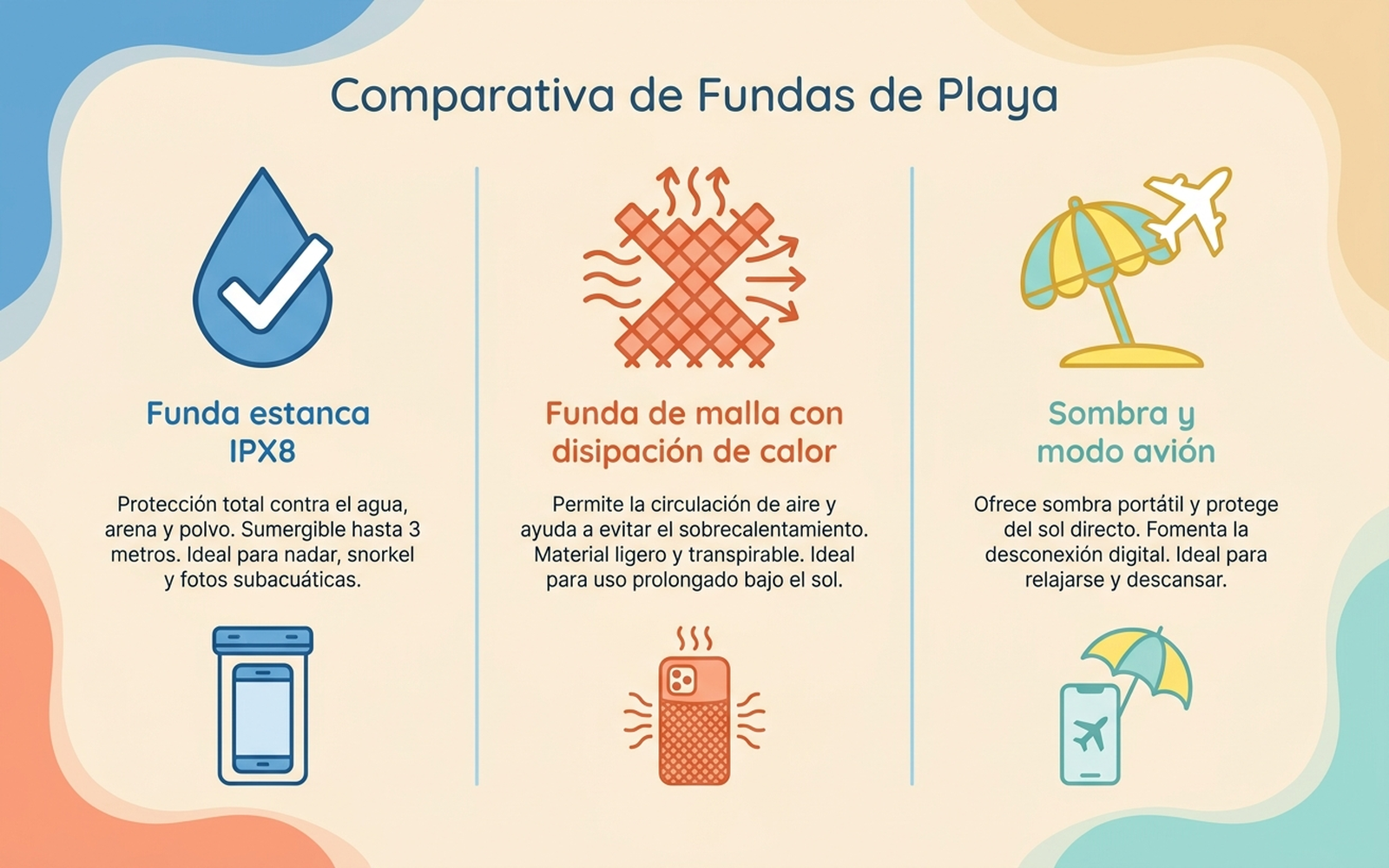 Infografía comparativa en español con tres formas de proteger el móvil en la playa: funda estanca IPX8, funda de malla con disipación de calor, y sombra con modo avión