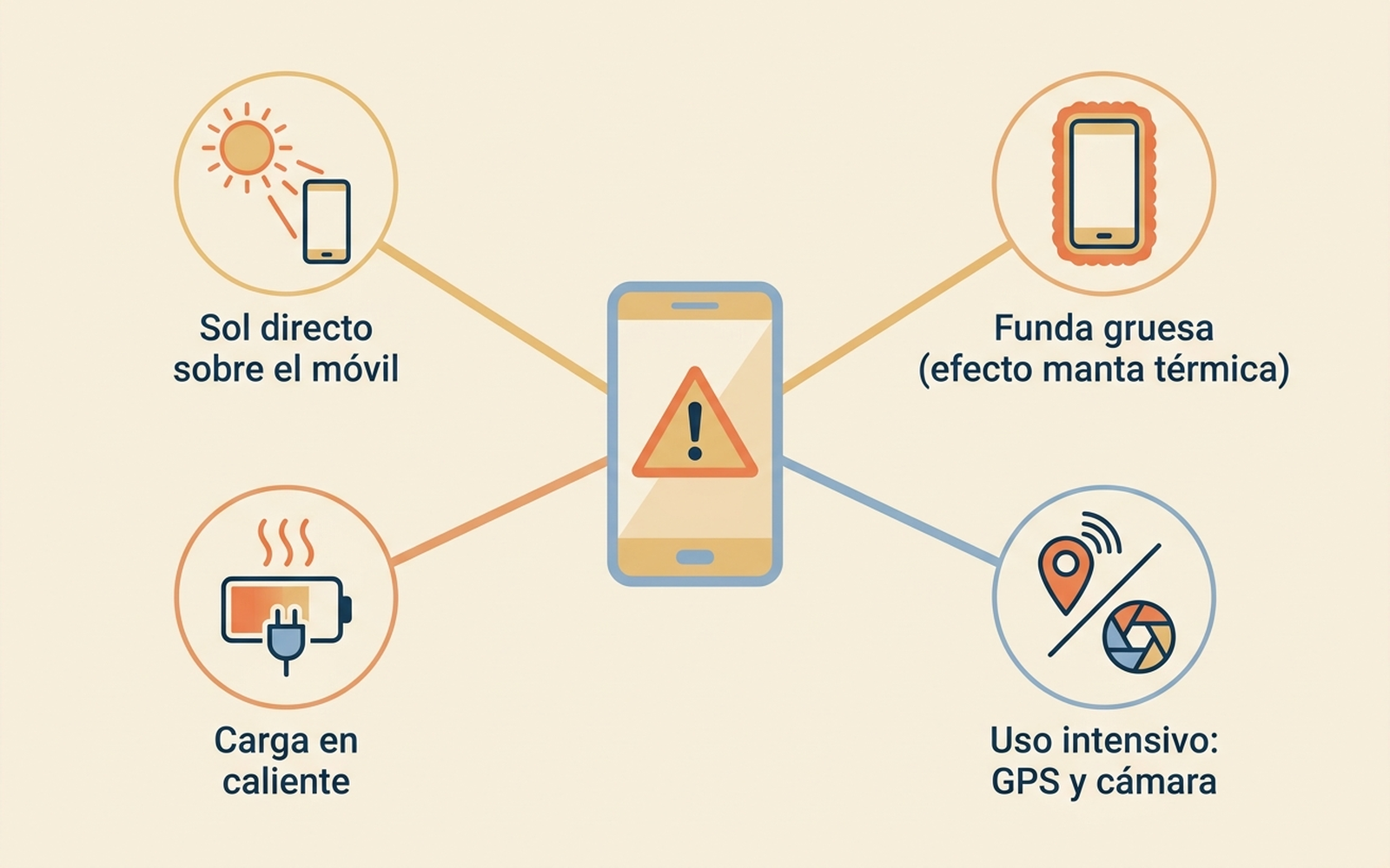 Infografía en español con cuatro causas del sobrecalentamiento del móvil en la playa: sol directo sobre el aparato, funda gruesa que retiene el calor, carga en caliente y uso intensivo de GPS y cámara
