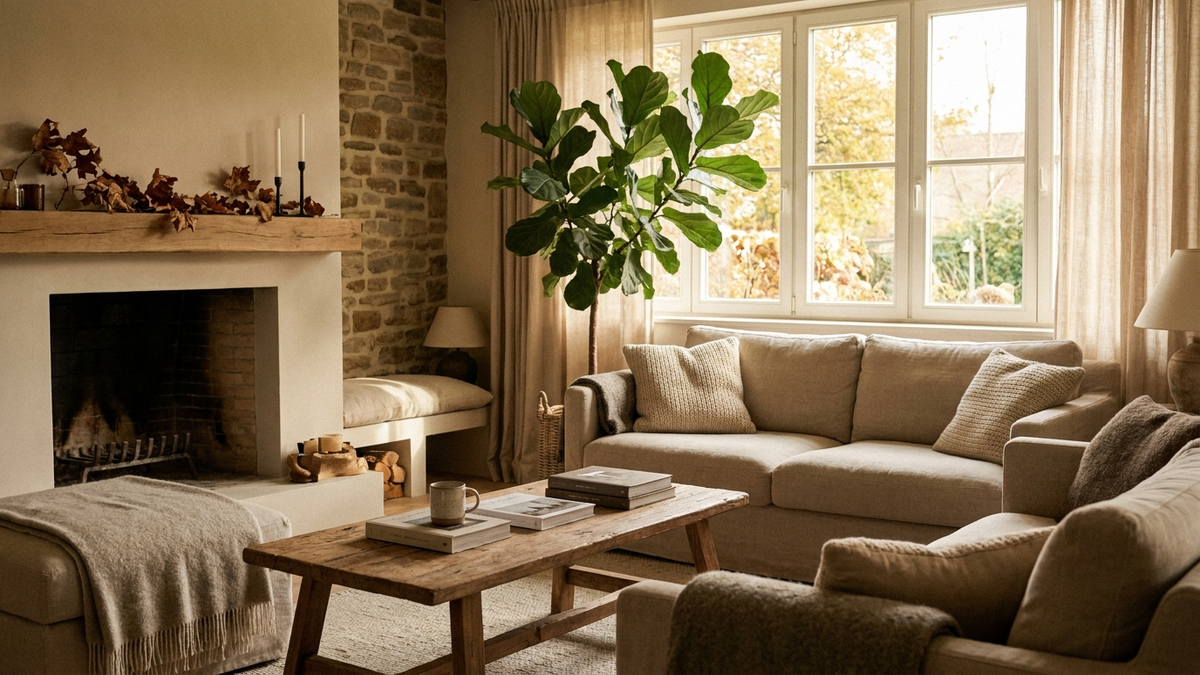 Salón de un piso con una planta y luz natural de otoño entrando por la ventana
