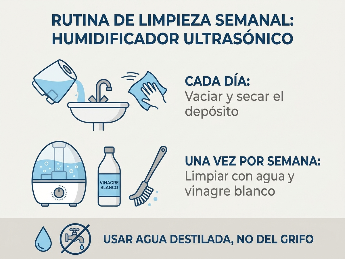 Diagrama: rutina de limpieza semanal necesaria para un humidificador ultrasónico