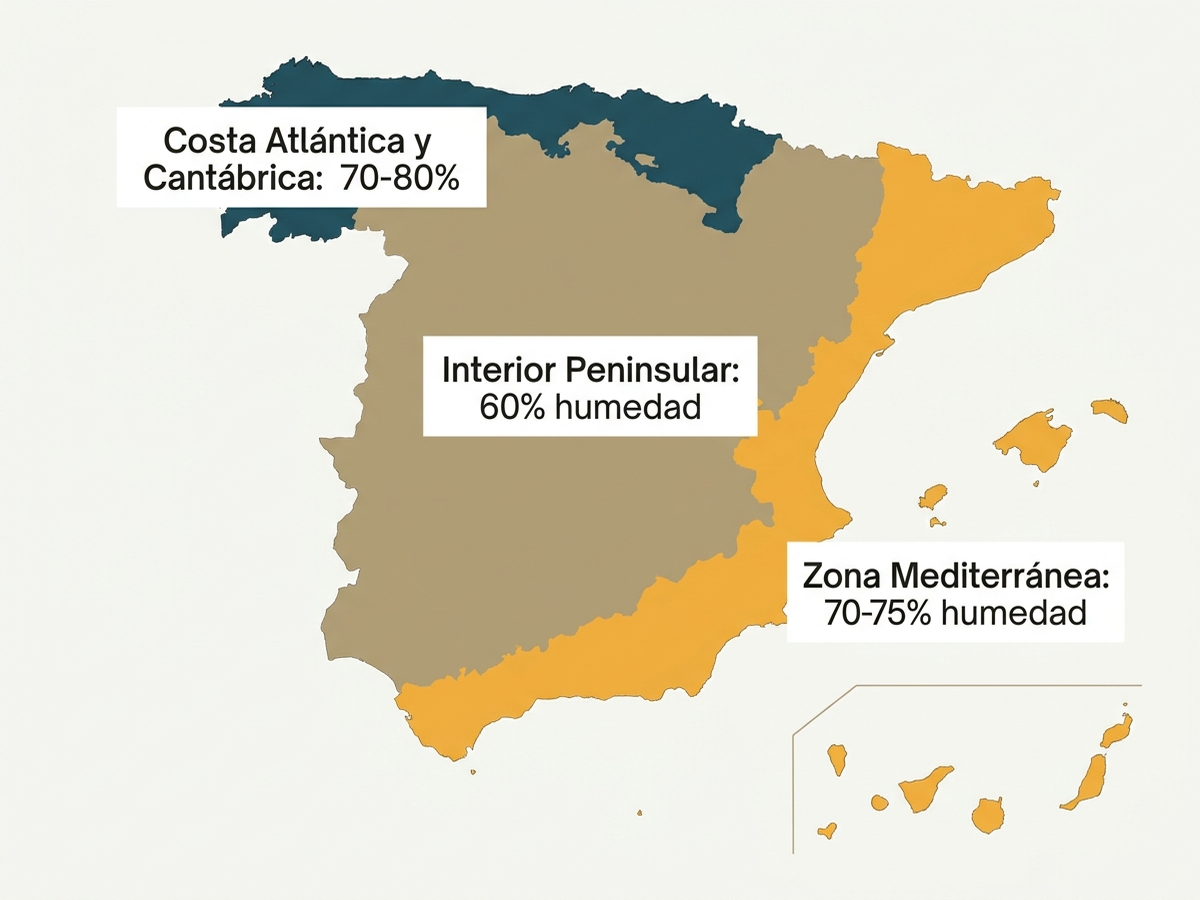 Mapa esquemático de humedad relativa media por zona climática de España en otoño