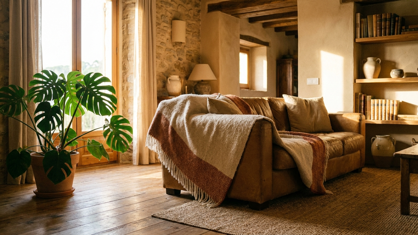 Salón de una vivienda española en otoño con una manta sobre el sofá y luz cálida de tarde, sin calefactor visible