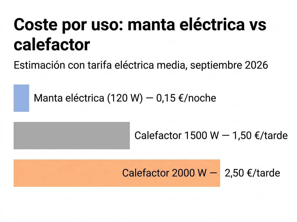 Infografía comparando el coste por noche de una manta eléctrica frente a un calefactor de 1500 W y uno de 2000 W