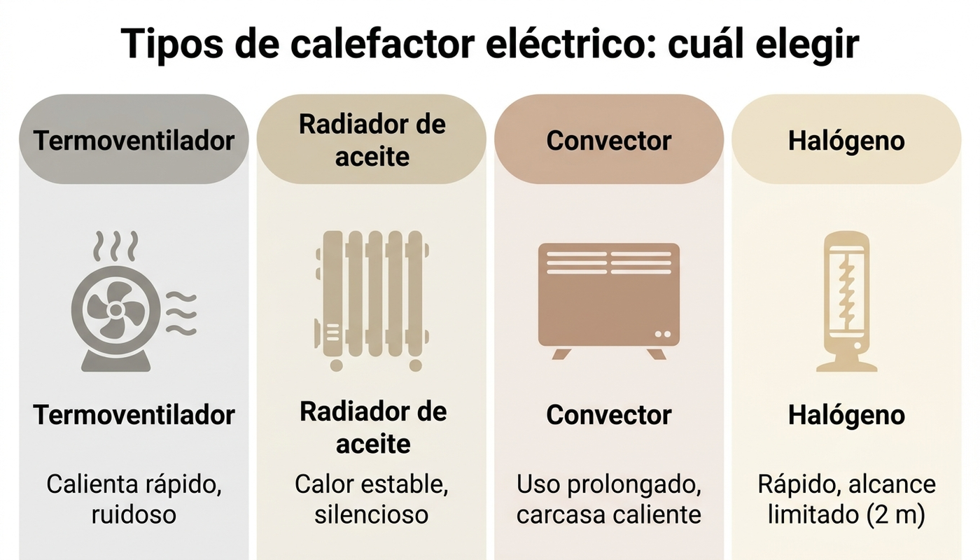 Diagrama comparando los cuatro tipos de calefactor eléctrico: termoventilador, radiador de aceite, convector y halógeno, con su uso recomendado