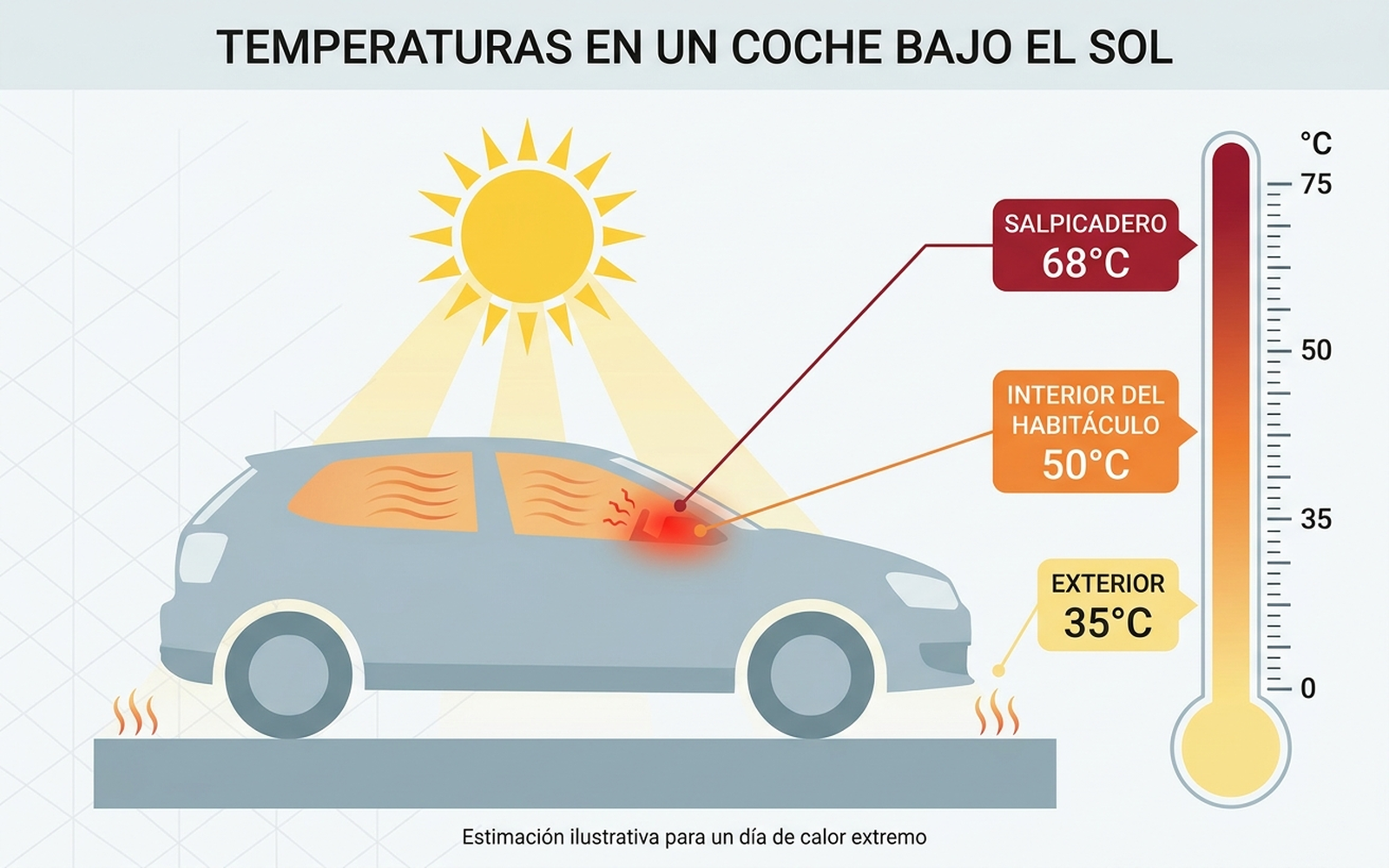 Gráfico: temperatura del salpicadero y del habitáculo de un coche aparcado en verano